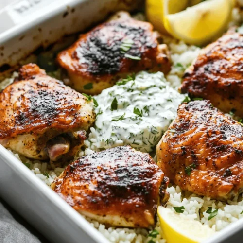 Welcome to the world of easy, delicious, and satisfying meals with the Zesty Dump-and-Bake Chicken Tzatziki Rice. This dish is a delightful fusion of savory baked chicken, fluffy rice, and the refreshing zing of tzatziki sauce, making it a perfect option for busy weeknights or when you're hosting family gatherings. The beauty of this recipe lies in its simplicity; it’s a one-pan meal that requires minimal prep and clean-up, allowing you to spend more time enjoying your meal rather than slaving away in the kitchen.
