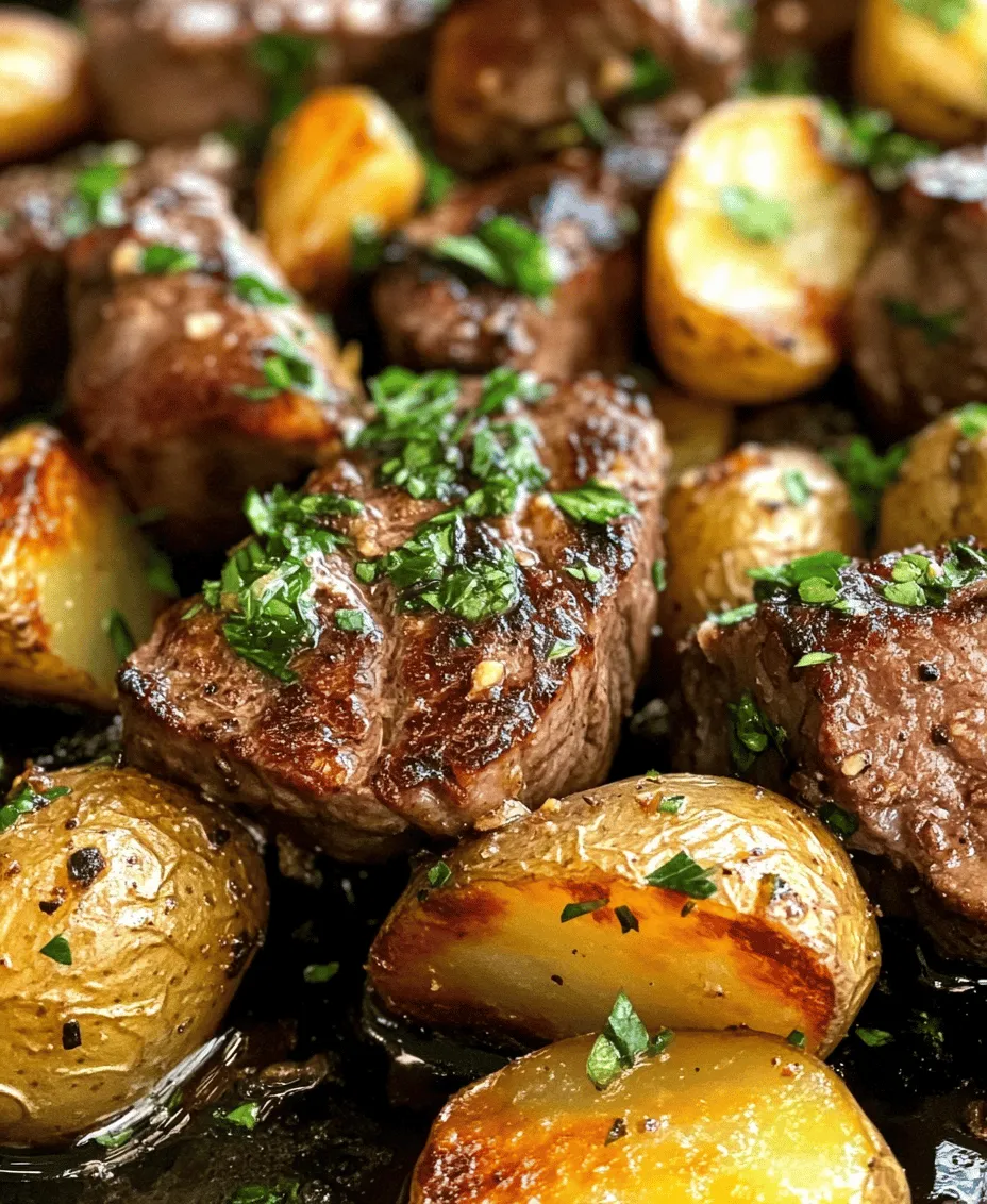 Comfort food is a concept that transcends cultural boundaries, offering warmth and satisfaction in every bite. When you think of comfort food, images of hearty meals that warm your soul often come to mind. One such dish that embodies this essence is <strong>Sizzling Garlic Butter Steak Bites paired with Crispy Potatoes</strong>. This mouthwatering combination not only appeals to our taste buds but also evokes a sense of nostalgia, making it a perfect choice for both casual weeknight dinners and special gatherings with friends and family.” /></p></p><h3>Preheating the Oven</h3></p><p>Preheating the oven is a crucial step in achieving perfectly crispy potatoes for your Sizzling Garlic Butter Steak Bites & Crispy Potatoes. When you preheat, you allow the oven to reach the desired temperature before placing your food inside. This ensures that the cooking environment is hot enough to start the browning process immediately, which is essential for creating that crunchy exterior on your potatoes. An adequately heated oven also helps in cooking the potatoes evenly, preventing them from becoming soggy. Aim to preheat your oven to 425°F (220°C) to achieve the best results.</p></p><h3>Preparing the Potatoes</h3></p><p>Once the oven is preheated, it’s time to prepare your potatoes. For this recipe, you can use small baby potatoes or Yukon Gold potatoes, which hold their shape well during cooking. Start by washing the potatoes thoroughly to remove any dirt. Then, cut them into quarters or halves, depending on their size. Ensuring uniform size is essential for even cooking; if some pieces are larger than others, they will take longer to cook, resulting in a mix of textures.</p></p><p>Next, place the cut potatoes in a mixing bowl and add a generous amount of olive oil, salt, pepper, and your choice of seasonings (like garlic powder or paprika). The oil not only adds flavor but also helps to achieve that crispy texture by promoting browning during roasting. Toss the potatoes well to coat them evenly, ensuring every piece is covered with the oil and seasonings. This step is vital for flavor distribution and achieving that desired golden-brown color.</p></p><h3>Roasting Technique</h3></p><p>To roast the potatoes, spread them out in a single layer on a baking sheet lined with parchment paper. Avoid overcrowding the pan as this can lead to steaming rather than roasting, which will inhibit the crispiness you desire. Place the baking sheet in the preheated oven and roast for about 25-30 minutes, flipping the potatoes halfway through cooking. This flipping is important for even browning on all sides. Keep an eye on them during the last few minutes; you want them tender on the inside and crispy on the outside, so don’t hesitate to take them out when they reach that perfect golden hue.</p></p><h3>Cooking the Steak Bites</h3></p><p>While the potatoes are roasting, it’s time to cook the steak bites. Start by selecting a tender cut of beef, such as sirloin or ribeye, and cut it into bite-sized pieces. Make sure to pat the steak dry with paper towels before cooking; moisture on the surface of the meat can hinder the searing process. Season the steak generously with salt and pepper.</p></p><p>Heat a large skillet over medium-high heat and add a tablespoon of high-smoke-point oil, such as canola or avocado oil. Once the oil is shimmering, carefully add the steak bites to the pan. Avoid overcrowding the pan, as this can cause the meat to steam instead of sear. If necessary, cook the steak in batches. Allow the steak to sear undisturbed for about 2-3 minutes on one side, then flip to sear the other side for another 2-3 minutes, depending on your desired doneness. For medium-rare, aim for an internal temperature of about 130°F (54°C).</p></p><h3>Making the Garlic Butter Sauce</h3></p><p>With the steak bites cooked to perfection, it’s time to make the garlic butter sauce. In the same skillet used for the steak (after transferring the cooked meat to a plate), reduce the heat to medium. Add 4 tablespoons of unsalted butter, allowing it to melt completely. To the melted butter, add minced garlic (about 4-5 cloves) and sauté for 1-2 minutes until fragrant, being careful not to let it burn. Timing is crucial here; adding the garlic too early can result in a bitter flavor, while too late might not impart enough garlicky goodness.</p></p><p>Once the garlic is fragrant, return the steak bites to the skillet and toss them in the garlic butter sauce, allowing the meat to absorb all those wonderful flavors. This step not only enhances the taste but also adds a glossy finish to the steak bites.</p></p><h3>Combining Ingredients</h3></p><p>Now that you have your crispy potatoes and flavorful steak bites ready, it’s time to bring everything together. In a large serving dish, combine the roasted potatoes and the garlic butter steak bites. Gently toss them together to ensure that the potatoes are coated with the steak and garlic butter sauce. This combination is what elevates the dish, as the rich, buttery flavor of the steak complements the crispy, seasoned potatoes perfectly.</p></p><h3>Serving Suggestions</h3></p><p>When it comes to serving your Sizzling Garlic Butter Steak Bites & Crispy Potatoes, presentation is key. Transfer the dish to a large serving platter and consider garnishing it with freshly chopped parsley for a pop of color and freshness. You might also want to add a sprinkle of freshly cracked black pepper or a squeeze of lemon juice to brighten the flavors.</p></p><p>For side dishes, a simple green salad with a light vinaigrette would complement the richness of the steak and potatoes beautifully. Alternatively, for a heartier meal, consider serving this dish alongside some sautéed green beans or steamed broccoli. When it comes to beverages, a bold red wine, such as Cabernet Sauvignon or Malbec, pairs excellently with the richness of the steak.</p></p><h3>Nutritional Information</h3></p><p>Understanding the nutritional aspects of your meal can help you make informed choices. A typical serving of Sizzling Garlic Butter Steak Bites & Crispy Potatoes (approximately 1 cup of steak and potatoes) contains around 450-500 calories. This meal is protein-rich, thanks to the steak, which provides about 30-35 grams of protein per serving. Additionally, potatoes are an excellent source of potassium and vitamins C and B6. While this dish is indulgent, its balance of protein and carbohydrates makes it a satisfying option for a hearty dinner.</p></p><h3>Conclusion</h3></p><p>In summary, Sizzling Garlic Butter Steak Bites & Crispy Potatoes is a delightful meal that showcases the beauty of simple ingredients combined with straightforward cooking techniques. The crispy texture of the potatoes paired with the succulent, buttery steak creates a gourmet experience right in your kitchen. With just a few quality ingredients and easy-to-follow steps, you can create a dish that’s perfect for any occasion, whether it’s a weeknight dinner or a special gathering with friends and family.</p></p><p>Encouraging readers to try this recipe is essential. Not only will they enjoy a delicious meal, but they will also experience the joy of cooking something extraordinary that doesn’t require extensive culinary skills. The versatility of this dish allows for customization with various seasonings or side dishes, making it a go-to recipe for any home cook. So grab your apron and get ready to impress yourself and your loved ones with this mouthwatering Sizzling Garlic Butter Steak Bites & Crispy Potatoes recipe!</p><div id=