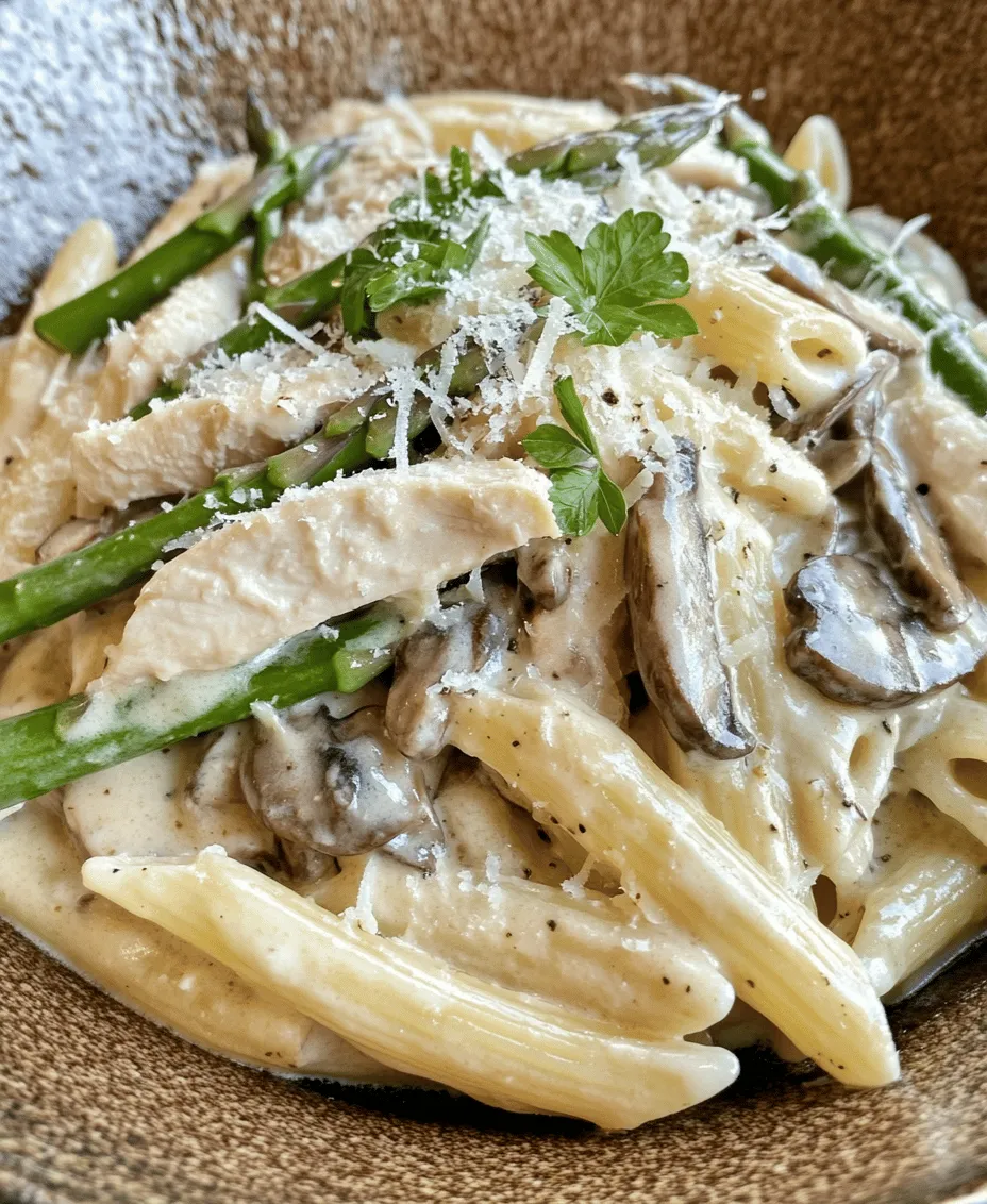 In the realm of weeknight dinners, few dishes can compete with the comforting allure of a creamy pasta recipe. One standout option that captures the essence of comfort food while offering a burst of flavor is <strong>Creamy Mushroom and Asparagus Chicken Penne</strong>. This dish combines tender chicken breast, earthy mushrooms, and vibrant asparagus, all enveloped in a luscious cream sauce that clings perfectly to al dente penne pasta. Not only is this dish a feast for the eyes, but it also serves as a satisfying and wholesome meal that can be prepared in under 30 minutes, making it ideal for busy lifestyles.” /></p></p><h3>Preparing the Creamy Sauce</h3></p><p>To achieve the perfect creamy sauce for your mushroom and asparagus chicken penne, start by melting butter in your skillet over medium heat. Once the butter is melted and bubbling, introduce minced garlic and sauté it until fragrant, being careful not to let it brown too much, as this can impart a bitter taste. Next, add sliced mushrooms and asparagus; cook them until they become tender and golden, which enhances their flavors and adds depth to the sauce.</p></p><p>Once the vegetables are ready, it’s time to incorporate the cream. For the best consistency, balance the cream with chicken broth. Start by adding about a cup of chicken broth to the skillet, allowing it to simmer. Gradually pour in heavy cream, stirring constantly. The key here is to achieve a rich yet pourable sauce. If the sauce is too thick, add more broth. If it’s too thin, let it simmer longer to reduce. This balance is crucial as it ensures that when combined with the pasta, the sauce clings perfectly, creating a delightful coating that enhances every bite.</p></p><h3>Importance of Incorporating Cheese and Herbs at the Right Stage</h3></p><p>The incorporation of cheese and herbs is pivotal in creating an aromatic and flavorful sauce. Once your cream and broth mixture has reached the desired consistency, remove the skillet from heat. Stir in approximately one cup of grated Parmesan cheese until it melts seamlessly into the sauce, creating a velvety texture. This cheese not only adds richness but also a subtle nuttiness that complements the dish beautifully.</p></p><p>At this point, add fresh herbs such as chopped parsley or thyme. Stirring in the herbs off the heat preserves their fresh flavor and vibrant color. If using dried herbs, add them earlier in the cooking process to allow their flavors to infuse the sauce fully. This step elevates the dish, making it inviting and aromatic.</p></p><h3>Combining Ingredients</h3></p><p>With the sauce ready, it’s time to combine everything. Add the cooked penne pasta directly into the skillet with the creamy sauce, along with the cooked chicken. Use tongs or a large spoon to gently toss the pasta, chicken, and sauce together. The goal is to ensure every piece of pasta and chicken is evenly coated with the sauce. If you find that the pasta appears dry, a splash of reserved pasta water can help loosen the sauce and aid in coating.</p></p><p>To further enhance the flavor, taste the dish and adjust the seasoning with salt and pepper. Remember, the cheese already contributes some saltiness, so taste before adding more. This adjustment is key to achieving a dish that caters to your personal preference.</p></p><h3>Cooking Time and Serving Suggestions</h3></p><p>When preparing your creamy mushroom and asparagus chicken penne, time management is essential for a smooth cooking experience. The total preparation and cooking time usually ranges around 30-40 minutes. Here’s a breakdown:</p></p><p>– <strong>Prep Time</strong>: 10-15 minutes (for chopping vegetables and chicken)</p><p>– <strong>Cooking Time</strong>: 20-25 minutes (for cooking pasta, chicken, and sauce)</p></p><p>This efficient timeline makes it an excellent choice for a weeknight dinner or a quick meal when entertaining guests.</p></p><p>When it comes to serving, you have a few options. For a cozy family-style presentation, serve the creamy penne directly from the skillet, allowing everyone to help themselves. Alternatively, for a more formal setting, plate the dish individually, garnishing each plate with a sprinkle of fresh herbs and additional cheese if desired.</p></p><p>For side dishes, consider fresh garlic bread or a simple green salad dressed with a light vinaigrette to balance the richness of the creamy pasta. Roasted vegetables or a seasonal vegetable medley can also complement the dish beautifully, adding color and additional nutrients.</p></p><h3>Nutritional Information</h3></p><p>Understanding the nutritional content of your dish can help you make informed meal choices. A typical serving of creamy mushroom and asparagus chicken penne contains approximately:</p></p><p>– <strong>Calories</strong>: 500-600 kcal</p><p>– <strong>Protein</strong>: 35-40 g</p><p>– <strong>Fat</strong>: 25-30 g (mostly from cream and cheese)</p><p>– <strong>Carbohydrates</strong>: 45-50 g</p></p><p>These values can vary based on portion sizes and specific ingredient brands used. This dish provides a hearty meal packed with protein from the chicken and fiber from the asparagus, making it a balanced option for dinner.</p></p><h3>Variations and Substitutions</h3></p><p>One of the beauties of the creamy mushroom and asparagus chicken penne is its versatility. If you prefer a vegetarian option, consider substituting the chicken with tofu or additional vegetables such as bell peppers, zucchini, or spinach. These not only provide a meaty texture but also contribute to the nutritional value of the dish.</p></p><p>For those who enjoy different proteins, consider using shrimp or even a leaner meat such as turkey. Both options pair well with the creamy sauce and maintain the dish’s integrity.</p></p><p>Additionally, if you’re looking for a dairy-free version, you can replace the heavy cream with coconut milk or a dairy-free cream alternative. Nutritional yeast can be a great substitute for the Parmesan cheese, providing a cheesy flavor without the dairy.</p></p><h3>Conclusion</h3></p><p>In conclusion, creamy mushroom and asparagus chicken penne is not just a dish; it’s an experience characterized by its ease of preparation and rich flavor. The combination of tender chicken, fresh vegetables, and a luscious creamy sauce creates a satisfying meal that is sure to impress.</p></p><p>I encourage you to try this recipe for a delightful dinner that can bring the family together or impress your guests. The joy of cooking at home lies in creating delicious meals that foster connection and quality time around the table. Enjoy the process, savor each bite, and relish the moments shared with loved ones.</p><div id=