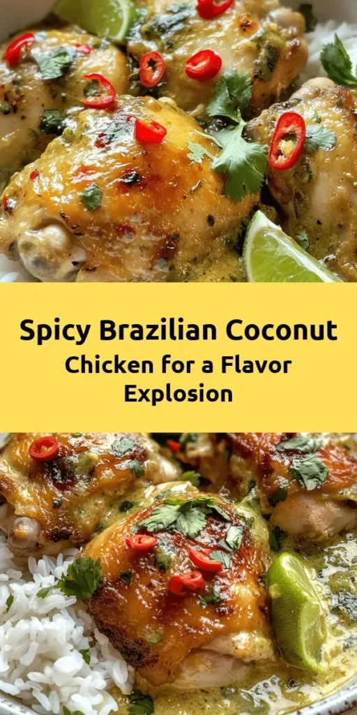 Discover the vibrant flavors of Brazil with this Spicy Brazilian Coconut Chicken recipe! Tender chicken thighs are marinated in a zesty blend of spices and lime, then cooked to perfection in a rich coconut milk sauce, enhanced with fresh chilies. It’s a fulfilling dish that's easy to make and perfect for serving over rice. Garnished with cilantro, this dish is sure to impress your family and friends. Dive into this culinary delight and spice up your dinner routine!