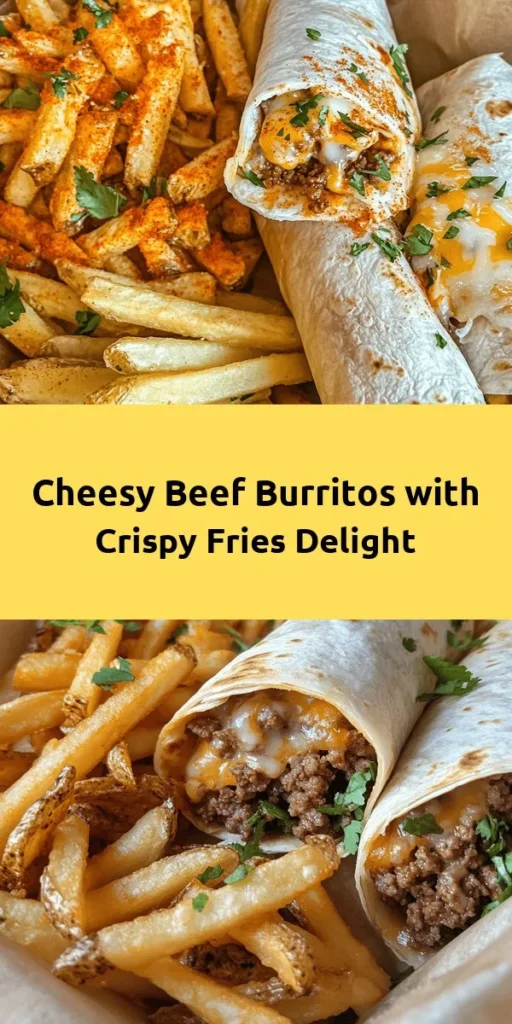 Indulge in these Cheesy Beef Burritos served with crispy fries for a delicious meal everyone will love! Juicy ground beef is seasoned with cumin and chili powder, mixed with refried beans and melted cheddar cheese, all wrapped in warm flour tortillas. Crisp potatoes, seasoned and baked to perfection, complement the burritos beautifully. Perfect for a family dinner or game day treat. Quick to make and utterly satisfying!
