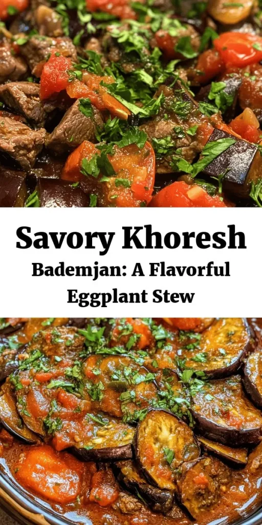 Discover the delightful flavors of Khoresh Bademjan, a Persian eggplant stew that combines tender beef or lamb with perfectly fried eggplants. This comforting dish features warm spices like turmeric and cinnamon, along with fresh tomatoes for a rich sauce. Perfect for a cozy dinner, serve it over basmati rice or with bread. Your family will love this savory masterpiece! Don't forget to garnish with fresh herbs for that extra touch!
