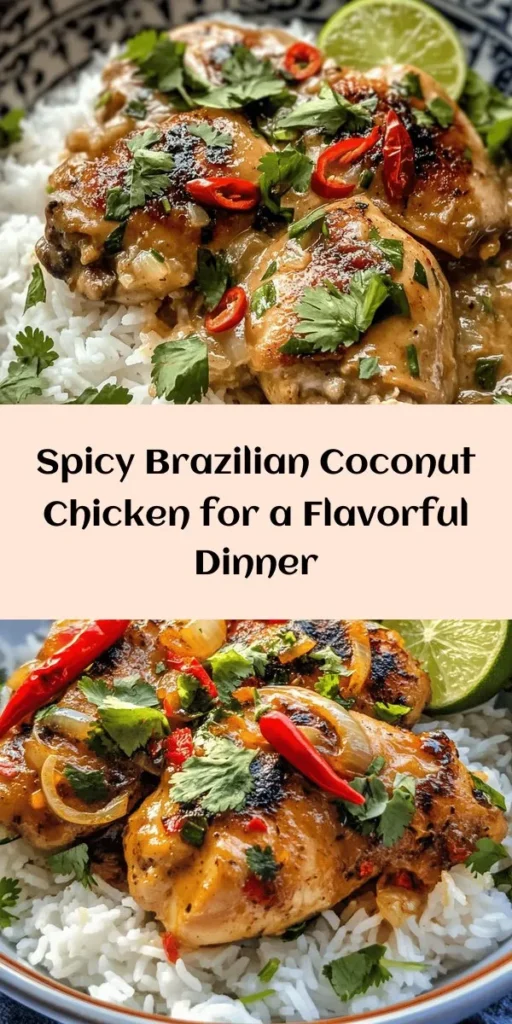 Spice up your dinner with this Spicy Brazilian Coconut Chicken! This flavorful dish features tender chicken thighs marinated in zesty lime and spices, simmered in a creamy coconut sauce. Perfectly paired with jasmine rice, it's a fantastic way to bring a taste of Brazil to your kitchen. Garnish with fresh cilantro for a burst of color and flavor. Quick to prepare, it's a delicious meal your family will love. Try it tonight!
