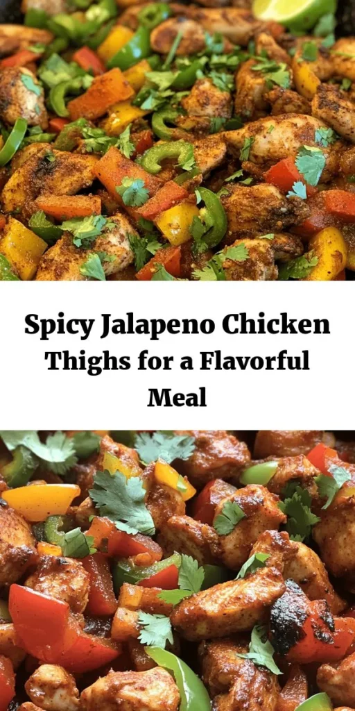 Spice up your dinner with this delicious Spicy Jalapeno Chicken! Made with tender chicken thighs marinated in a flavorful blend of jalapeños, garlic, and spices, this dish is sure to impress. Sautéed with vibrant onions and bell peppers, it simmers in tasty chicken broth for the perfect finish. Ready in just 45 minutes, serve it with rice or in tacos for a satisfying meal everyone will love. Don't forget the lime and fresh cilantro for that extra zing!