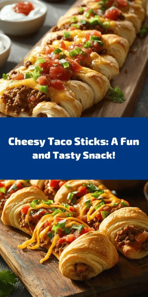 Elevate your snack game with these irresistibly cheesy taco sticks! Packed with juicy ground beef (or turkey), melty cheddar and Monterey Jack cheese, and vibrant veggies, these tasty treats are perfect for any gathering. Simply roll them in crescent dough, bake until golden, and serve with sour cream and salsa for a mouthwatering dip. Quick and easy, they're ready in just 30 minutes! Perfect for game day or family movie night. Try them today!