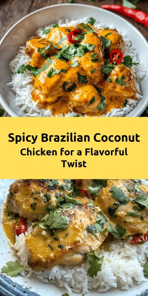 Transform your dinner routine with this delicious Spicy Brazilian Coconut Chicken! Packed with rich flavors from coconut milk, fresh ginger, and zesty lime, this dish is perfect for those who love a little heat. Marinated to perfection and simmered until tender, it pairs beautifully with rice or quinoa. Quick to prepare and bursting with flavor, this recipe will definitely impress family and friends. Don’t forget to garnish with fresh cilantro for that extra touch!