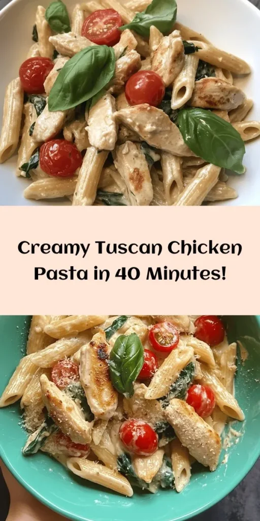 Indulge in this Easy Tuscan Chicken Pasta, a delightful blend of flavors that's sure to impress! With tender chicken, fresh cherry tomatoes, and wilted spinach, this creamy dish is completed with a sprinkle of Parmesan and fresh basil. Perfect for a quick weeknight dinner, it takes just 40 minutes from start to finish. Whip up this comforting meal that serves 4 and bring a taste of Italy to your kitchen. Your family will love it!
