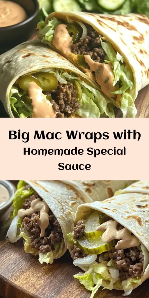 Craving a Big Mac but want something new? Try these homemade Big Mac wraps! This recipe features juicy ground beef, crunchy lettuce, tangy pickles, and a special sauce that brings all the flavors together. Perfect for a quick dinner or lunch, these wraps are easy to assemble and incredibly satisfying. With just a few simple ingredients, you can enjoy a delicious twist on a classic favorite! Serve with extra special sauce for dipping.