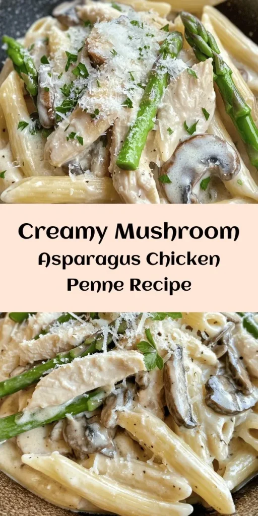 Indulge in a bowl of creamy mushroom and asparagus chicken penne, a comforting dish that's perfect for any night of the week! With tender chicken, fresh asparagus, and flavorful mushrooms tossed in a rich cream sauce, this recipe is a delightful blend of textures and tastes. Ready in just 30 minutes, it's quick enough for a busy evening yet special enough to impress guests. Garnish with fresh parsley for a beautiful finish. Enjoy!