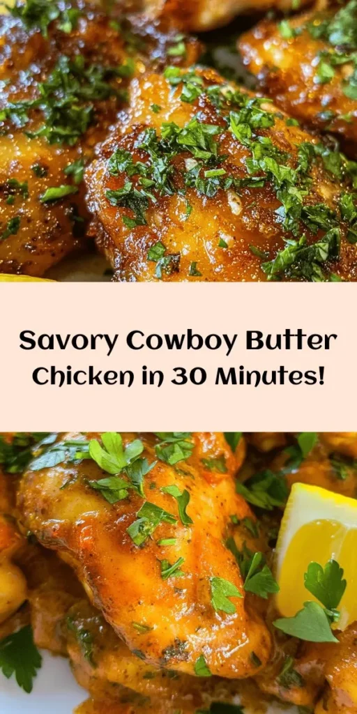 Discover the flavorful charm of Easy Cowboy Butter Chicken! This delicious recipe features tender, seasoned chicken thighs seared to perfection and coated in a rich, buttery garlic sauce with a hint of fresh herbs and a little kick from cayenne. Perfect for a quick weeknight dinner, this dish is ready in just 30 minutes. Serve it with lemon wedges for a refreshing twist. Enjoy a taste of the wild west right at your dinner table!