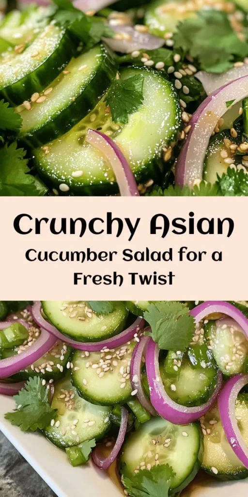 Refresh your meal with this Crunchy Asian Cucumber Salad, a perfect blend of flavors and textures! Made with thinly sliced cucumbers and red onions, it's tossed in a zesty dressing of rice vinegar, soy sauce, and sesame oil, with a hint of ginger and garlic. Topped with toasted sesame seeds and fresh cilantro, this salad is not only easy to prepare but also a delightful addition to any dish. Ideal for meal prep or as a vibrant side! Enjoy fresh crunch in every bite!