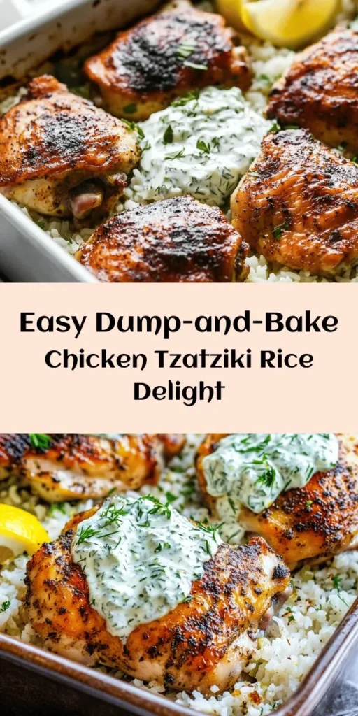 Looking for a delicious and hassle-free dinner option? Try this Zesty Dump-and-Bake Chicken Tzatziki Rice! Tender chicken thighs bake on a bed of flavorful rice, soaked in chicken broth for ultimate taste. Pair it with a refreshing homemade tzatziki sauce made from Greek yogurt, cucumber, garlic, and herbs. Ready in under an hour, this one-pan meal is perfect for busy nights. Enjoy a taste of the Mediterranean with every bite!