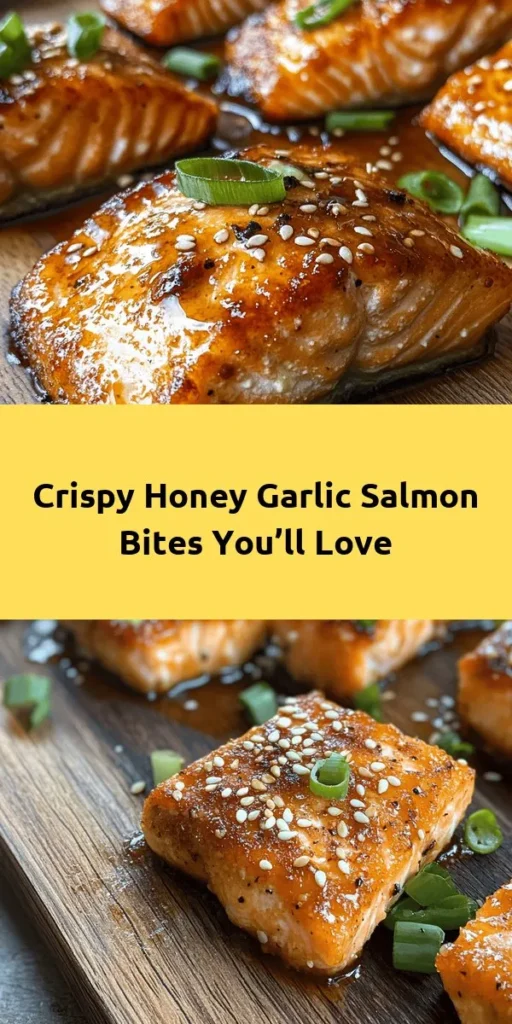 Try these delicious Crispy Honey Garlic Salmon Bites for a quick and tasty meal! Made with fresh salmon, honey, garlic, and soy sauce, these bite-sized treats are pan-fried to perfection for a golden, crispy finish. Simply season the salmon, toss it in cornstarch, and cook in a hot skillet. Drizzle the honey garlic sauce for that perfect sweet and savory flavor. Ready in just 25 minutes, serve them with green onions and sesame seeds for a delightful dish everyone will love!