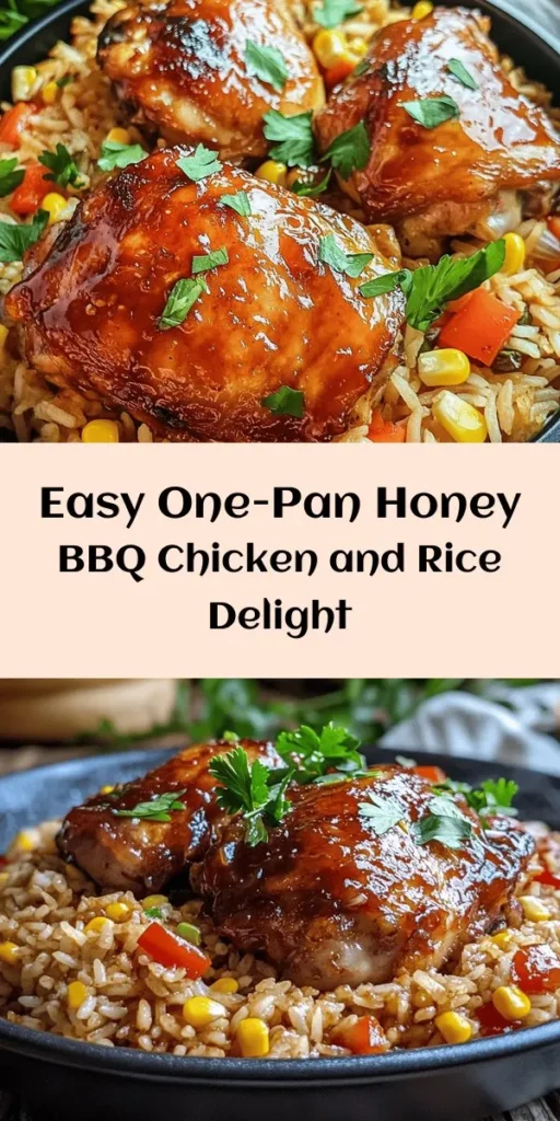 Discover the deliciousness of One-Pan Honey BBQ Chicken Rice! This easy recipe combines tender chicken thighs, flavorful rice, and vibrant veggies all cooked together in one pan for a hassle-free meal. Sauté onions and garlic, brown the chicken, then let the rice absorb a sweet and smoky honey BBQ sauce. Perfect for dinner any night of the week. Enjoy a comforting dish that’s sure to please the whole family! Don’t forget to garnish with fresh parsley!