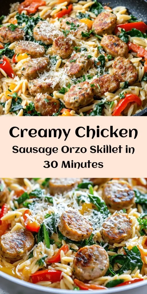 Get ready for a deliciously creamy one-pan meal with this Creamy Chicken Sausage Orzo Skillet! This recipe combines savory chicken sausage, tender orzo pasta, and fresh spinach all cooked in a rich, luscious sauce. Perfect for busy weeknights, it comes together in just 30 minutes and is packed with flavor from garlic, onion, and Italian seasoning. Serve it warm with a sprinkle of Parmesan cheese and fresh parsley for a delightful dinner everyone will love!