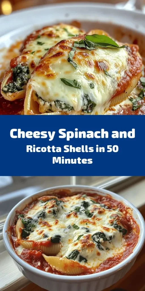 Indulge in these Easy Spinach & Ricotta Stuffed Shells for a comforting meal that's perfect for any day of the week! Jumbo pasta shells are filled with a creamy spin on classic ricotta, fresh spinach, and rich cheeses, all smothered in marinara sauce. Ready in just 50 minutes, this dish serves 6 and is a hit with the whole family. Garnish with fresh basil for an extra touch. Try it tonight for a delicious, cheesy delight!