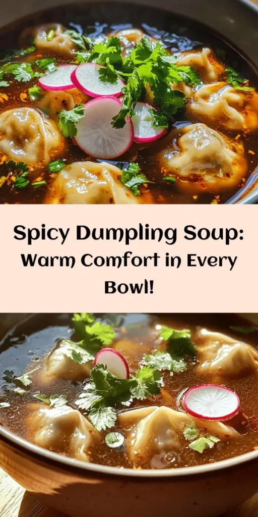 Warm up with this Authentic Spicy Dumpling Soup that’s perfect for chilly nights! Packed with handmade dumplings filled with savory ground pork and fresh napa cabbage, it's a delightful bowl of comfort. Each bite is enhanced by a flavorful broth infused with chili oil and garlic. Follow our step-by-step recipe to create this delicious dish that serves 4-6 people. Garnish with fresh cilantro and radishes for a touch of freshness. Enjoy this homemade treat with your family!