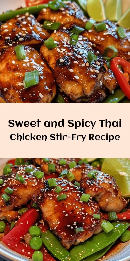 Looking for a delicious dinner idea? Try this Sweet and Spicy Thai Chicken! Made with tender chicken thighs marinated in a flavorful blend of honey, soy sauce, and sriracha, this dish is sure to please your taste buds. Toss in some colorful veggies like red bell pepper and snap peas for added crunch. Quick to prepare and perfect for any weeknight meal, this recipe serves 4 and is best enjoyed with lime wedges and fresh cilantro. Dive into this vibrant dish tonight!