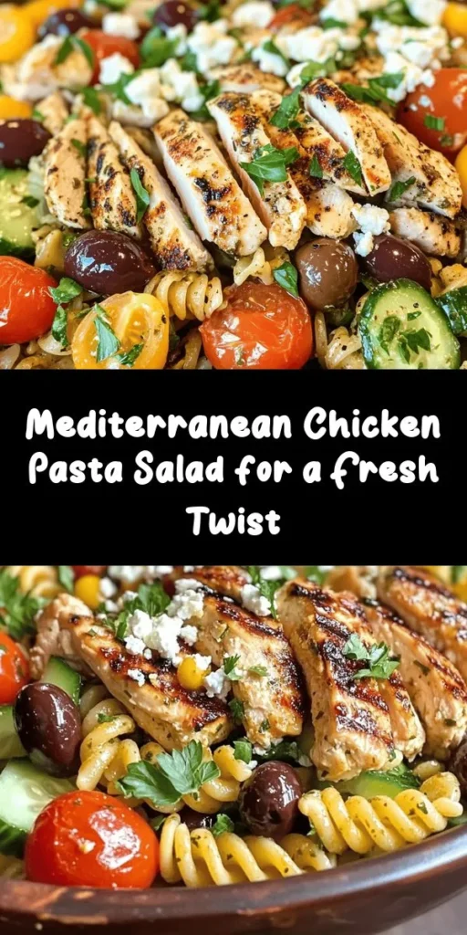 Elevate your meal with this delicious Mediterranean Chicken Pasta Salad! Packed with vibrant flavors from juicy cherry tomatoes, fresh cucumbers, tangy Kalamata olives, and creamy feta cheese, this dish is both refreshing and satisfying. It's simple to prepare with rotini pasta and perfectly seasoned chicken. Drizzled with balsamic vinaigrette and lemon juice, it’s perfect for picnics or as a light lunch. Serve chilled and enjoy a taste of the Mediterranean in every bite!