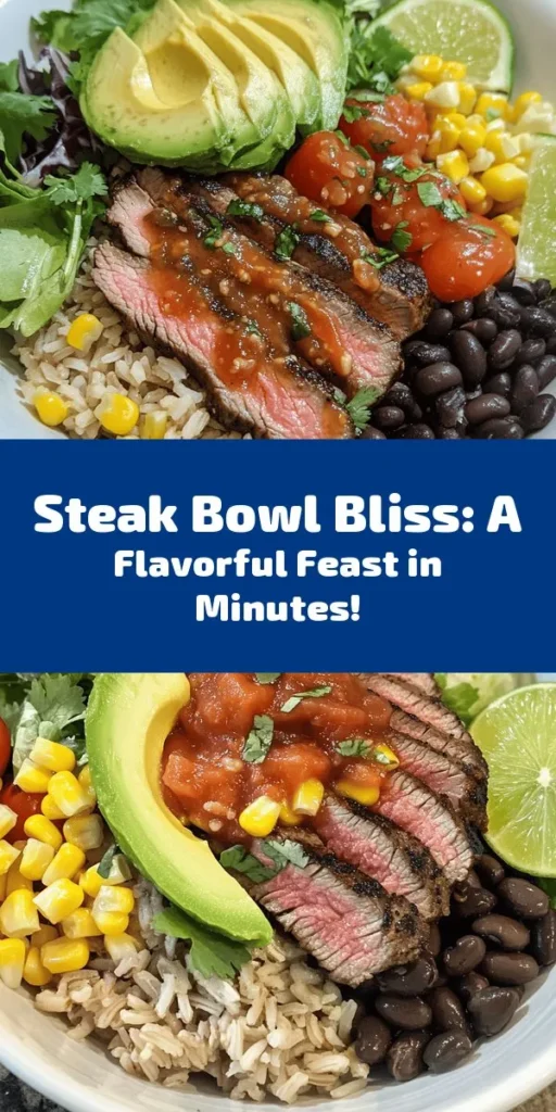 Savor the flavors of this Ultimate Steak Bowl of Delight! Juicy ribeye steak seasoned to perfection, served over a bed of nutritious brown rice or quinoa. Pile on fresh greens, cherry tomatoes, avocado, black beans, corn, and a sprinkle of cheese for added goodness. Top it off with zesty salsa and a squeeze of lime for an explosion of flavor in every bite. Quick and easy to make, this delicious bowl is perfect for any meal. Enjoy!