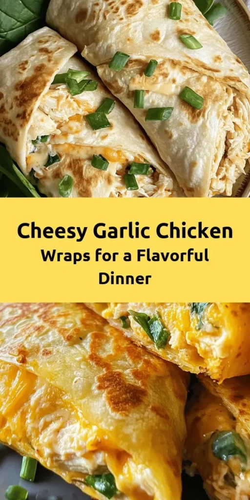 Savor the deliciousness of these Cheesy Garlic Chicken Wraps! Perfect for a quick meal, these wraps are packed with creamy chicken, cheddar cheese, and a hint of garlic, all secured in a crispy tortilla. Easy to make and ready in just 25 minutes, they make for a satisfying lunch or dinner option. Customize with spinach for an extra boost and serve with your favorite dipping sauce. Get ready to impress with this flavorful dish!