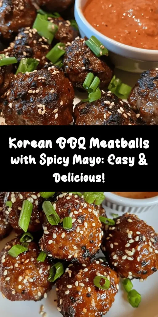 Get ready to impress at your next gathering with these delicious Korean BBQ Meatballs paired with a zesty Spicy Mayo Dip! Juicy meatballs are made with ground beef or pork and infused with flavors from soy sauce, ginger, and gochujang, then baked to perfection. The creamy dip combines mayonnaise with gochujang for an exciting kick. Perfect as an appetizer or a snack, this recipe is easy to follow and guaranteed to be a hit! Enjoy 4-6 servings of flavor-packed goodness!