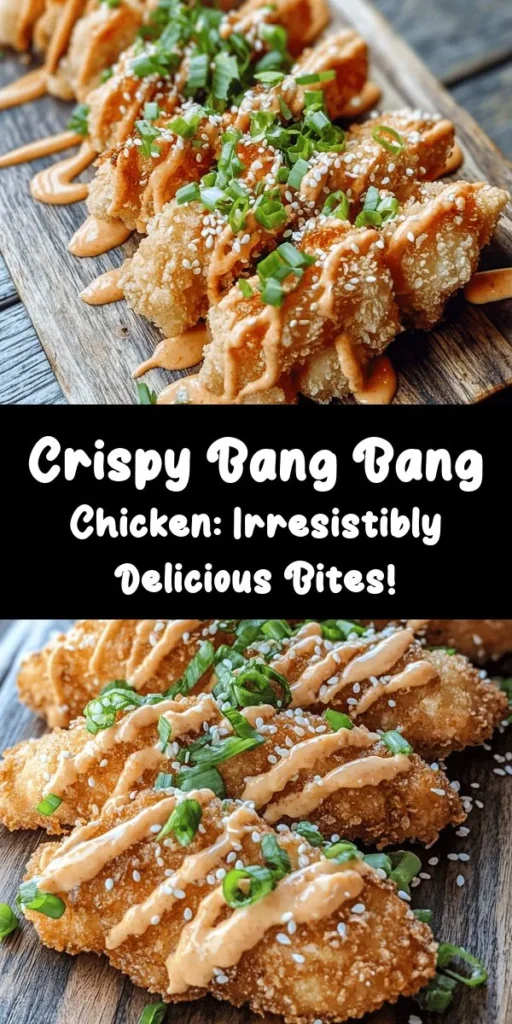 Get ready for a flavor explosion with this Crispy Bang Bang Chicken! This easy-to-follow recipe features tender, marinated chicken thighs coated in a perfectly crispy batter, all brought to life with a creamy, spicy Bang Bang sauce. Perfect for a weeknight dinner or a fun appetizer, it's sure to impress your family and friends. Garnish with green onions and sesame seeds for an extra touch. Dive into this delicious dish today!