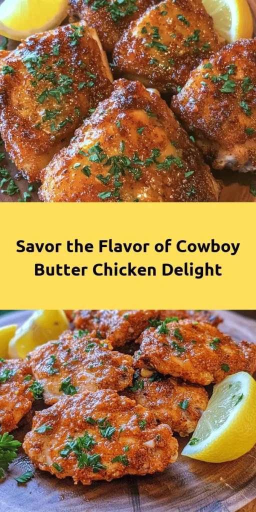 Savor the deliciousness of Cowboy Butter Chicken! This easy recipe features juicy chicken thighs marinated in a rich, flavorful butter blend with garlic, smoked paprika, and a hint of lemon. Cooked to perfection in just under an hour, it's a crowd-pleaser for family dinners or gatherings. Serve with fresh lemon wedges and your favorite sides for a delightful meal. Try this hearty dish and enjoy the burst of flavors that will leave everyone craving more!
