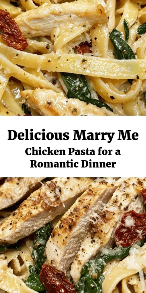 Indulge in this Marry Me Chicken Pasta, a romantic dish that's perfect for date night! Made with tender chicken breasts, sun-dried tomatoes, fresh spinach, and creamy Parmesan sauce, this recipe combines flavors you won't forget. Ready in just 30 minutes, it’s a quick yet impressive meal. Serve it with fettuccine or penne for a delightful dinner experience. Don’t forget to garnish with fresh basil for that extra touch! 🍝💖 Enjoy!