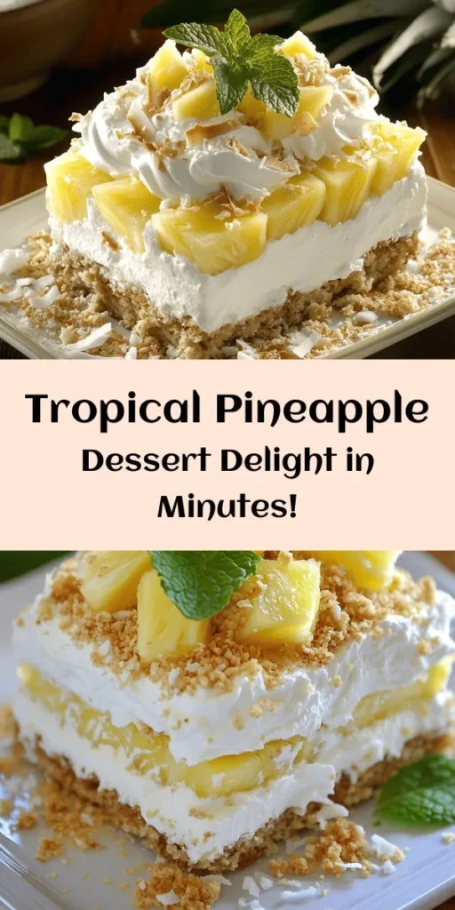 Dive into a tropical paradise with this easy Tropical Paradise Delight! This no-bake dessert features layers of silky pineapple cream made from heavy whipping cream, sweetened condensed milk, and delicious crushed pineapple, all nestled on a bed of graham cracker goodness. Garnish with fresh pineapple and mint for a refreshing touch. Perfect for warm days or any occasion! Chill for a few hours and enjoy a taste of summer in every bite.
