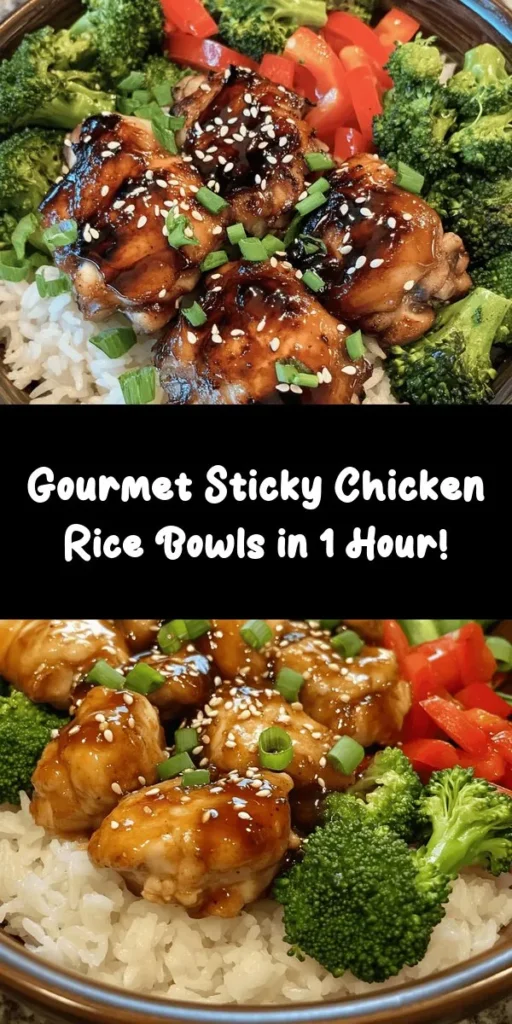 Discover the ultimate comfort food with these Sticky Chicken Rice Bowls! This easy recipe features tender marinated chicken thighs, fluffy jasmine rice, and crispy vegetables like broccoli and red bell pepper. Drizzled with a delicious honey-soy sauce, this dish is as flavorful as it is satisfying. Perfect for weeknight dinners, it takes about an hour to prepare and serves four. Gather your ingredients and enjoy a delightful homemade meal tonight!