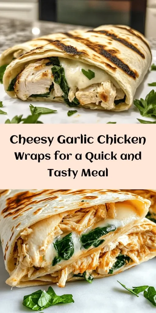 Treat yourself to delicious Cheesy Garlic Chicken Wraps! These flavorful wraps are filled with tender chicken, gooey mozzarella, and creamy garlic goodness, all wrapped in a soft tortilla. Perfect for a quick lunch or a satisfying dinner, they're easy to make in just 20 minutes. Grilling them adds a delightful crunch, but they're also tasty soft. Serve warm for a comforting meal that's sure to impress! Perfect for busy weeknights or meal prep. Enjoy!