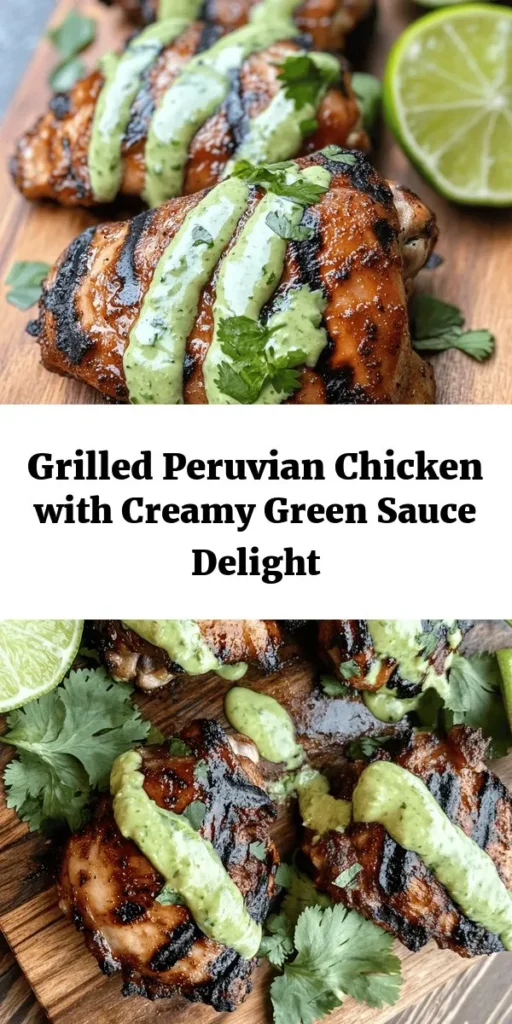 Savor the vibrant flavors of Peru with this delicious grilled chicken recipe! Marinated in a blend of garlic, cumin, and lime, the chicken is juicy and packed with flavor. Serve it with a creamy, zesty green sauce made from avocado and Greek yogurt for a stellar finishing touch. Perfect for summer barbecues or weeknight dinners, this dish pairs wonderfully with rice, quinoa, or a refreshing salad. Get ready to impress your taste buds!