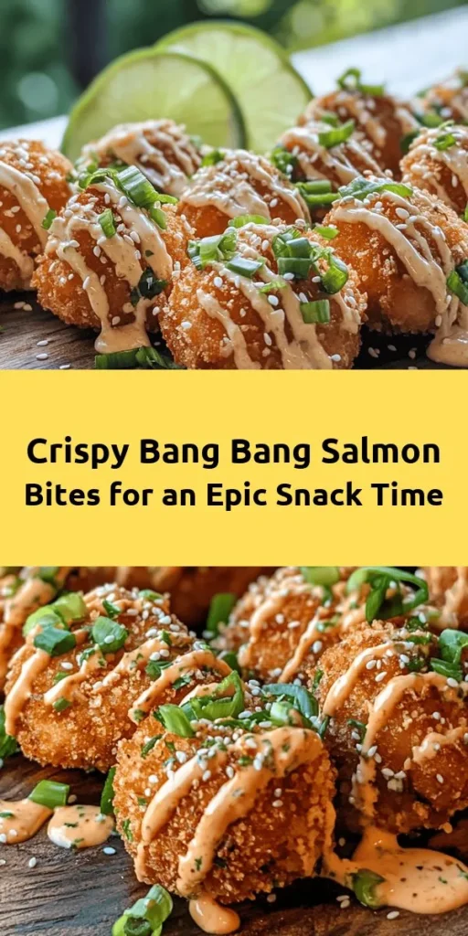 Try these Crispy Bang Bang Salmon Bites for a deliciously fun appetizer or snack! With tender salmon coated in a crunchy panko crust and paired with a zesty Bang Bang sauce, they are sure to impress. This easy recipe takes just 30 minutes to make and is perfect for a party or a cozy night in. Serve them hot with extra sauce for dipping, and garnish with green onions and sesame seeds for that extra touch! Your taste buds will thank you!
