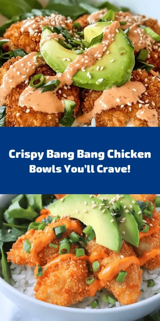 Satisfy your cravings with these delicious Bang Bang Chicken Bowls! Crispy fried chicken coated in a flavorful panko crust sits on a bed of fluffy jasmine rice or quinoa and fresh mixed greens. Drizzle with a creamy, spicy Bang Bang sauce and top with creamy avocado and vibrant green onions for the perfect finishing touch. It's a fun and easy recipe ready in about 40 minutes. Perfect for a weeknight dinner or meal prep!