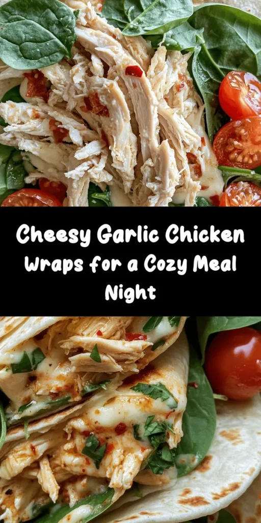 Indulge in these Cheesy Garlic Chicken Wraps that are perfect for a quick and delicious meal! Packed with shredded chicken, gooey mozzarella, and a hint of garlic, these wraps are bursting with flavor. Simply mix the ingredients, layer them in a tortilla with fresh spinach and cherry tomatoes, then toast to golden perfection. In just 30 minutes, you can enjoy a cheesy, satisfying dish that’s sure to impress! Serve warm with your favorite dip!