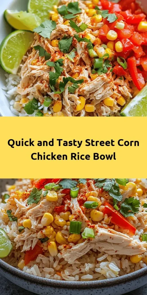 Create a delicious and quick meal with this Easy Street Corn Chicken Rice Bowl Recipe! Perfect for busy weeknights, it features tender shredded rotisserie chicken, sweet corn, and fresh bell peppers combined with fluffy rice. Seasoned with smoked paprika and garlic, each bite is packed with flavor. Ready in just 20 minutes, this colorful bowl can be topped with green onions and cilantro, and served with a squeeze of lime for an extra kick. Enjoy a satisfying and vibrant dinner that the whole family will love!