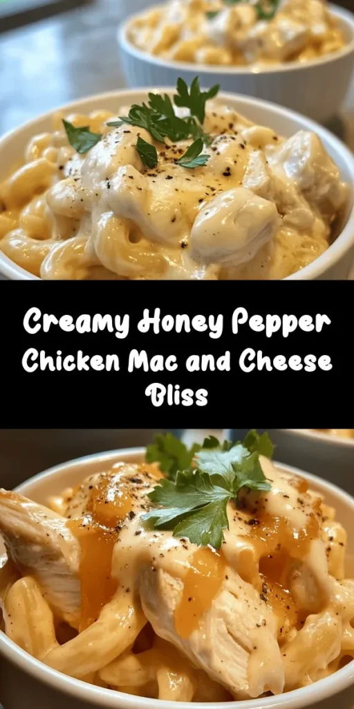 Savor the creamy goodness of Honey Pepper Chicken Mac and Cheese Delight! This simple yet decadent recipe combines tender chicken, al dente elbow macaroni, and a luscious cheese sauce made with sharp cheddar and mozzarella. A touch of honey and a kick of black pepper elevate the flavors, making this dish a family favorite. Ready in just 30 minutes, it's perfect for weeknight dinners. Garnish with fresh parsley for a burst of color and freshness!