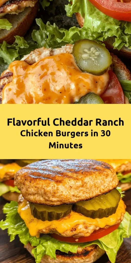 Savor the flavor of these Easy Cheddar Ranch Chicken Burgers! Made with juicy ground chicken, creamy ranch dressing, and melted cheddar cheese, this simple recipe is perfect for busy weeknights. In just 30 minutes, you can enjoy delicious homemade burgers that are a hit with the whole family. Serve them on whole wheat buns topped with fresh veggies for a satisfying meal. Get ready to fire up the grill and enjoy a tasty twist on classic burgers!