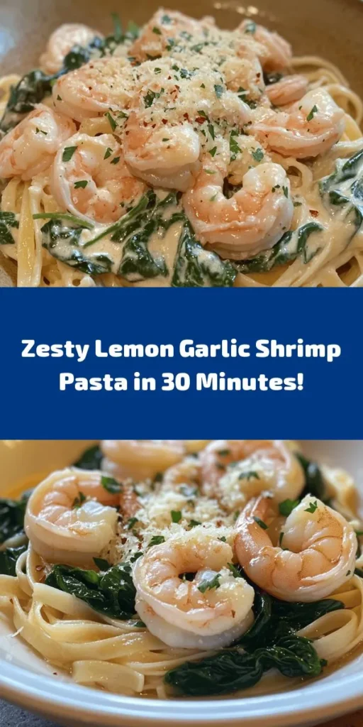 Looking for a delicious and quick dinner idea? Try this Zesty Lemon Garlic Shrimp Pasta! Made with tender shrimp, al dente pasta, fresh spinach, and a vibrant lemon-garlic sauce, this meal is bursting with flavor. With just a few simple ingredients like olive oil, Parmesan cheese, and red pepper flakes, you can whip up a delightful dish in just 30 minutes. Perfect for a weeknight dinner or impressing guests! Enjoy!