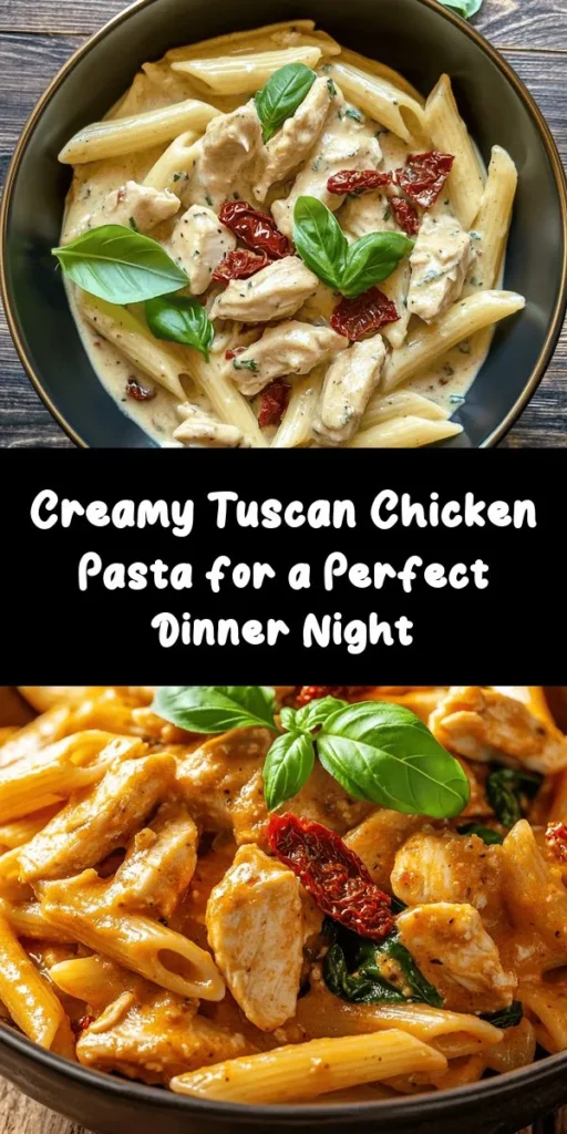 Indulge in this Tuscan Chicken Pasta Delight, a creamy and flavorful dish that's perfect for dinner! Made with tender chicken breasts, al dente penne pasta, sun-dried tomatoes, fresh spinach, and a rich Parmesan cream sauce, this recipe is ready in just 30 minutes. It's an easy and delicious way to bring a taste of Italy to your table. Perfect for busy weeknights or a cozy weekend meal! Garnish with fresh basil for an extra touch. Enjoy!