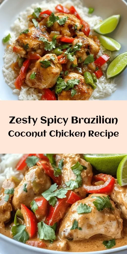 Looking for a flavorful twist on dinner? Try this Spicy Brazilian Coconut Chicken recipe! Juicy marinated chicken thighs are simmered in creamy coconut milk with vibrant bell peppers and a kick of fresh chilies. This dish is not only easy to make but also packed with spice and flavor. Perfect served over rice or with crusty bread, it’s sure to impress. Garnish with fresh cilantro and lime for an added zest. Quick prep and absolutely delicious!