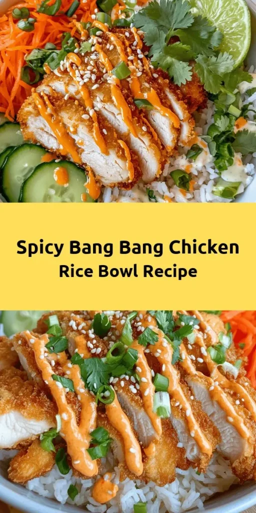 Indulge in this delicious Bang Bang Chicken Bowl that's perfect for any meal! Juicy, seasoned chicken thighs are pan-seared until golden and served over fluffy jasmine rice. Topped with crunchy carrots, fresh cucumber, and drizzled with a creamy, spicy Bang Bang sauce, this bowl is bursting with flavor. Garnish with green onions, cilantro, and a sprinkle of sesame seeds. Ready in just 30 minutes, it's a quick and satisfying dish!