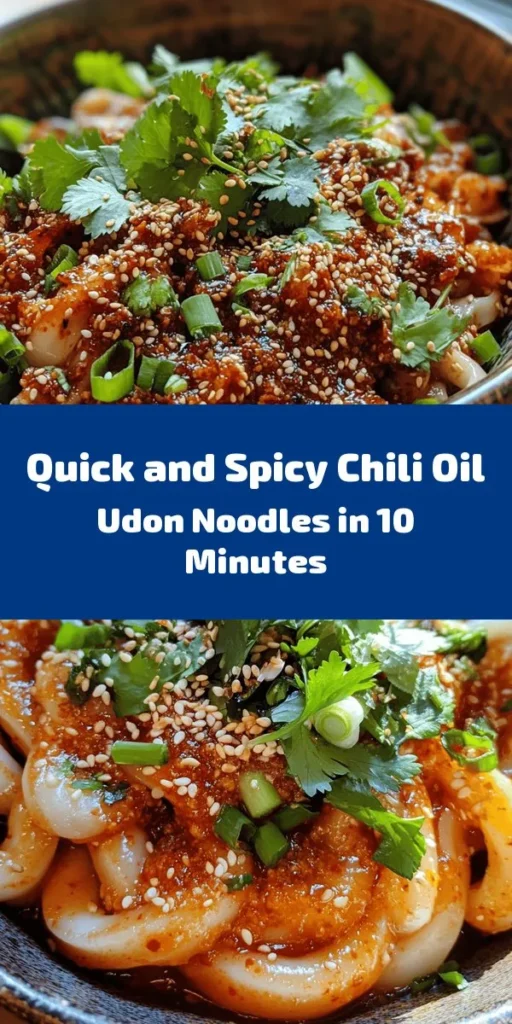 Looking for a quick and delicious meal? Try these 10-minute chili oil udon noodles! Perfect for busy weeknights, this recipe combines the bold flavors of chili oil, garlic, and sesame oil with hearty udon noodles. Simply cook the noodles, mix up the savory sauce, toss everything together, and top with green onions and sesame seeds. Add your favorite protein for a complete dish. Fresh cilantro adds the perfect finishing touch. Ready in a flash!