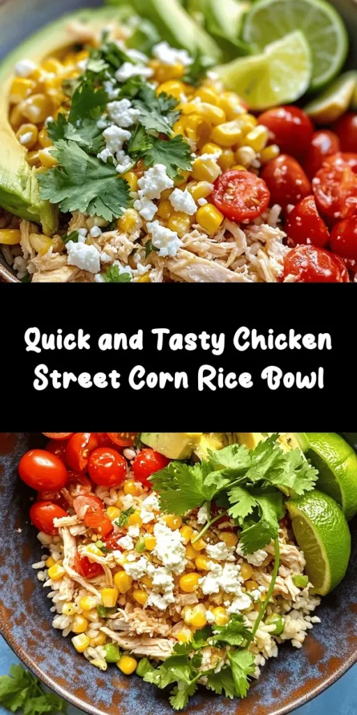 Looking for a quick and delicious meal? Try this Easy Street Corn Chicken Rice Bowl! Ready in just 10 minutes, it's perfect for busy weeknights. Packed with cooked rice, shredded chicken, sweet corn, cherry tomatoes, and creamy avocado, this bowl is as nutritious as it is tasty. Top it off with feta cheese and a hint of lime for extra flavor. Garnish with fresh cilantro or parsley for a vibrant finish. Enjoy a delightful and satisfying dish that the whole family will love!