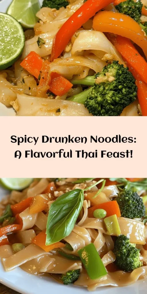Spicy Drunken Noodles Delight is a must-try for noodle lovers! This easy recipe features wide rice noodles stir-fried with fresh bell peppers, broccoli, and carrots, plus your choice of protein. Infused with Thai chili paste and savory sauces, this dish is bursting with flavor. Ready in just 30 minutes, it’s perfect for quick weeknight dinners. Garnish with lime and fresh Thai basil for an extra zing. Enjoy these delicious noodles that pack a spicy punch!
