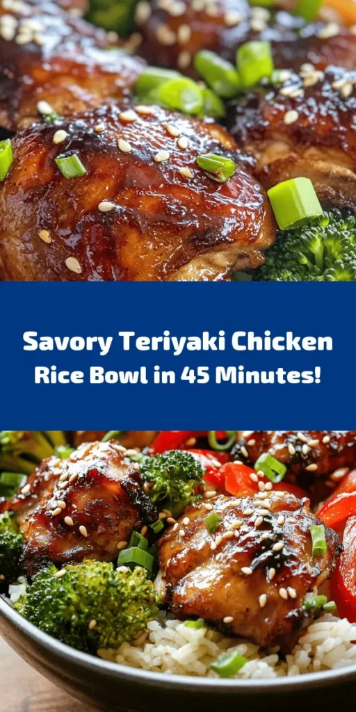 Create a delicious Teriyaki Chicken Rice Bowl in just 45 minutes! This easy recipe features flavorful marinated chicken thighs cooked with fresh broccoli and vibrant red bell pepper, all served over fluffy jasmine rice. With a perfect balance of savory soy sauce, sweet mirin, and a touch of ginger and garlic, this dish is sure to impress. Top it off with green onions and sesame seeds for a beautiful presentation. Perfect for a quick weeknight dinner!