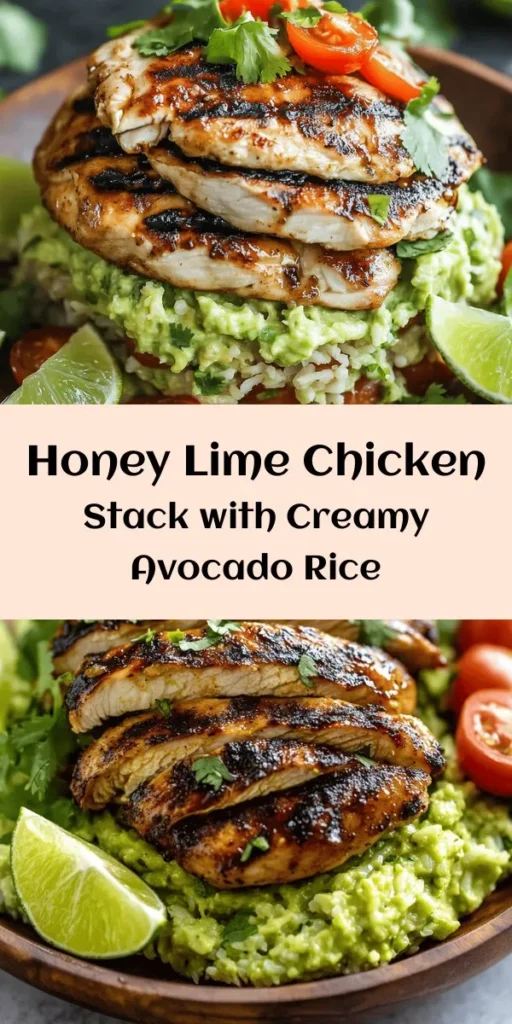 Elevate your dinner with this delicious Honey Lime Chicken & Avocado Rice Stack! Juicy, marinated chicken is perfectly grilled and layered with creamy avocado rice, making for a beautiful and tasty meal. This recipe is easy to follow and brings an explosion of flavors to your table. Don't forget the garnishes of cherry tomatoes and fresh cilantro for an extra pop! Perfect for a weeknight dinner or impressing guests. Try it out today!