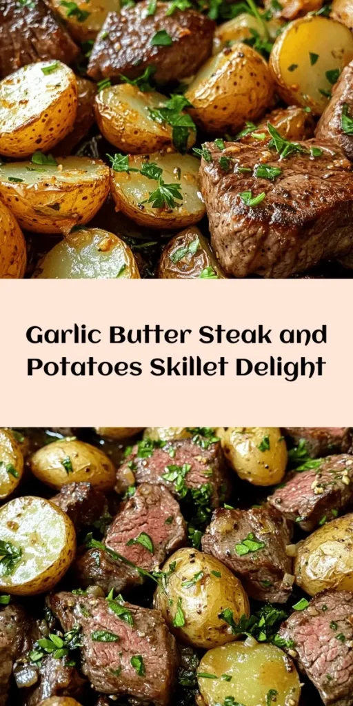Savor the rich flavors of Garlic Butter Steak and Potatoes Skillet! This one-pan dish features tender sirloin steak and golden baby potatoes, all tossed in a delectable garlic butter sauce with hints of rosemary and thyme. Perfect for a quick weeknight dinner, you'll have this meal ready in just 30 minutes. Garnished with fresh parsley, it's not only delicious but visually appealing too. Enjoy a comforting and satisfying meal that’s sure to impress!