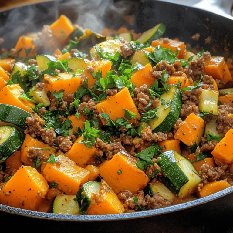 Ground Beef Zucchini Sweet Potato Skillet is a delightful dish that combines the rich, savory flavors of lean ground beef with the natural sweetness of sweet potatoes and the crisp freshness of zucchini. This comforting one-pan meal not only provides a satisfying combination of tastes and textures but is also packed with essential nutrients, making it a perfect choice for busy weeknights or a cozy family dinner.